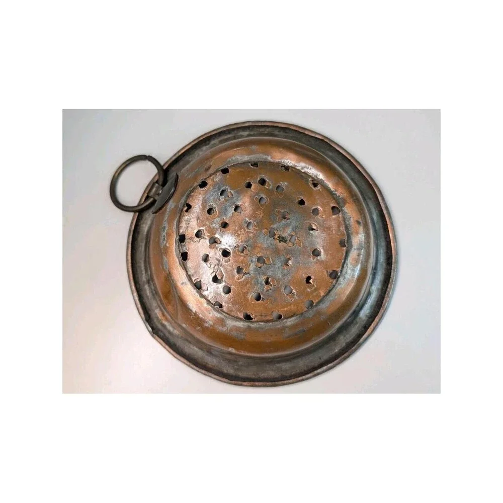 Antique Copper Colander Strainer Lot 3 Hand Punched Iron Ring Handle Tinned